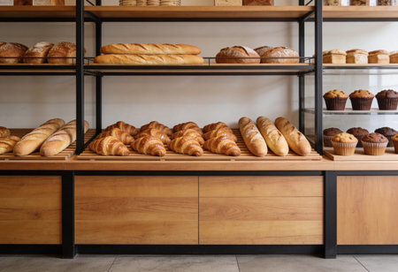 Bakery shelves with fresh bread and muffins in store, closeupの写真素材