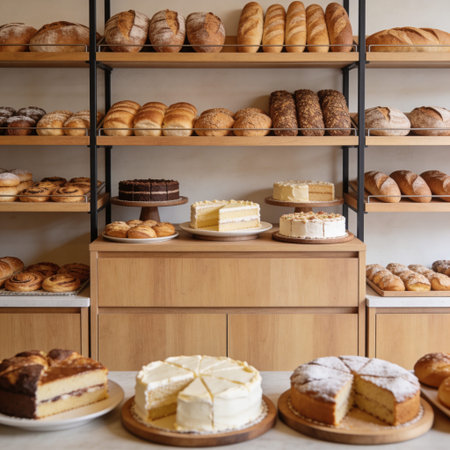 Variety of breads and pastries in bakery shop. Bakery background