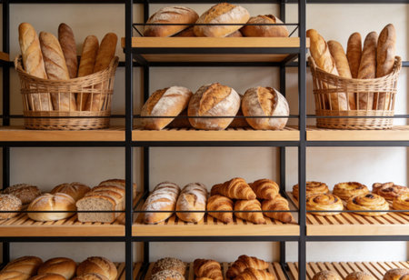 Different types of bread on the shelves in the bakery shop. Bakery concept