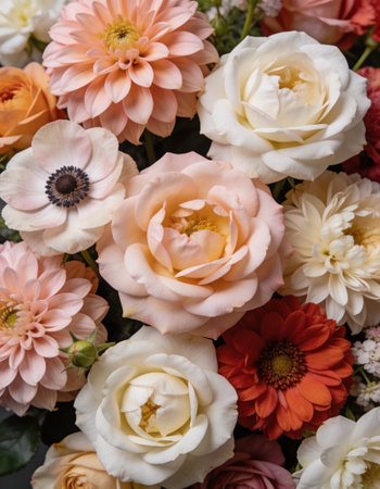 Beautiful bouquet of different flowers. Top view. Flat lay.