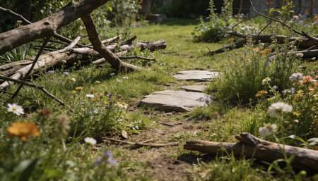 Garden stone path with flowers and tree trunks in the background
