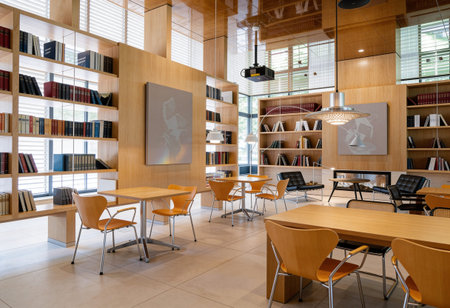 Interior of a modern library with bookshelves and orange chairs