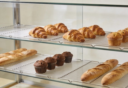 Fresh croissants and muffins on a shelf in a bakery