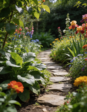 Garden stone path with colorful flowers in the background, close up