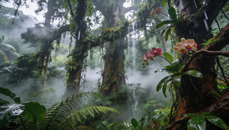 tropical rain forest with orchids and ferns in Hawaii