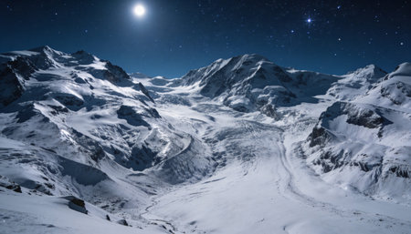 Panoramic view of snowy mountains at night with stars and moonの写真素材