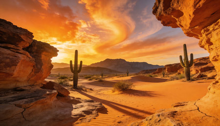 Sunset over Saguaro National Park, Arizona, USA.