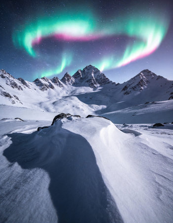 Aurora borealis, northern lights over snowy mountains in winter