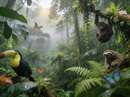 Tropical rainforest with toucan and sloth in rainforest