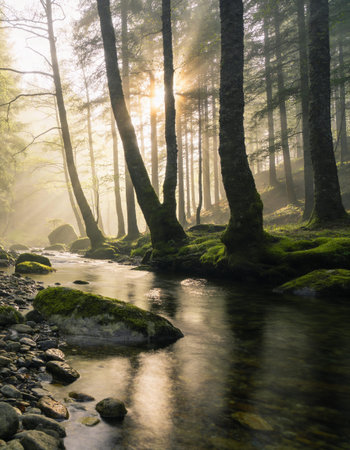 Beautiful morning landscape of a forest river with fog and sunbeams