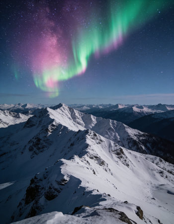 Aurora borealis, Northern lights over snowy mountains in winterの写真素材