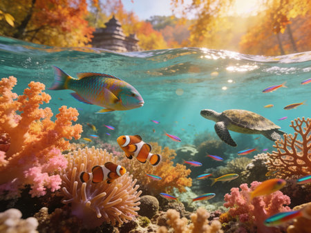 Underwater view of coral reef with fishes and turtle. 3d renderの写真素材