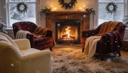 Cozy living room with fireplace, armchairs and knitted plaid. Christmas concept.の写真素材