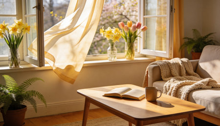 Cozy living room interior with coffee cup, book and tulip flowers on windowsill