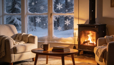 Cozy winter home interior with fireplace, cozy armchair, coffee cup and book on wooden tableの写真素材
