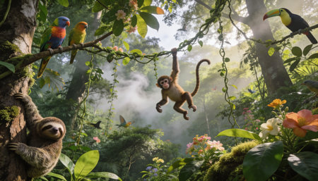 Tropical jungle scene with monkey, toucan and parrotの写真素材