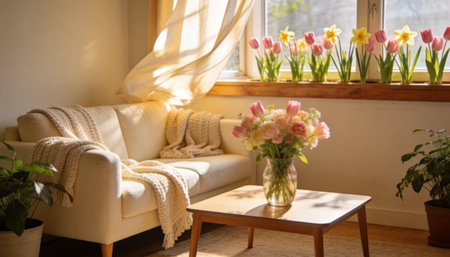 Interior of a living room with a sofa and a bouquet of flowers