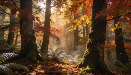 Autumn forest with fog and sunbeams. Autumn landscape.