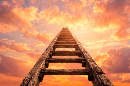 Wooden ladder leading to the sky at sunset, Business success concept