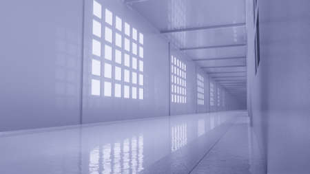 3d render white corridor with bright windowsの写真素材