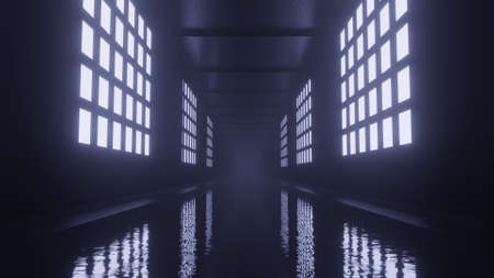 3d render dark corridor with bright windows