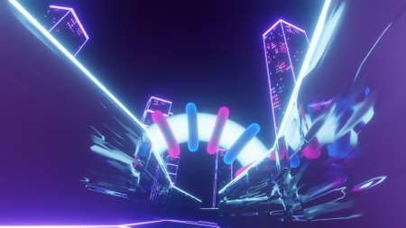 80s retro synthwave style city 3d rendering