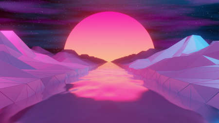 Endless retro style river with bright sun 3d rendering