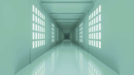 Mint green endless corridor hallway 3d rendering illustrationの写真素材