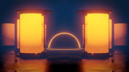 Futuristic sci fi columns and a glass dome 3d rendering