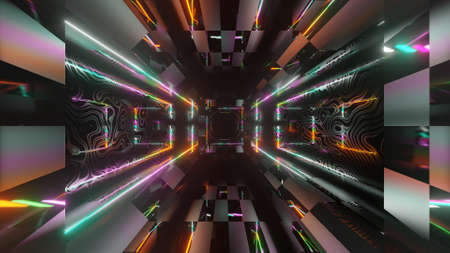 Endless reflective tunnel with colorful neon lights 3d rendering illustration
