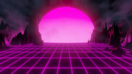 futuristic sci fi wireframe landscape 3d rendering illustration background