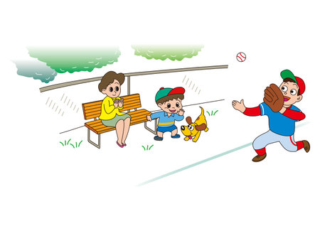 Parent and child cheering on the bench for a grass baseball gameのイラスト素材