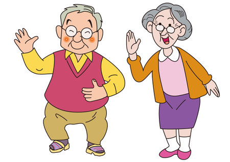 A friendly and healthy elderly couple who smiles and greets cheerfullyのイラスト素材