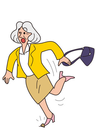 An elderly woman with gray hair who went shopping tripped over a stone and almost fell.のイラスト素材
