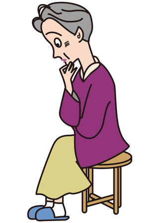 Worried old woman sitting on a chair and thinkingのイラスト素材
