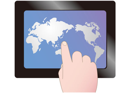 A hand handling a map of world on a tabletのイラスト素材