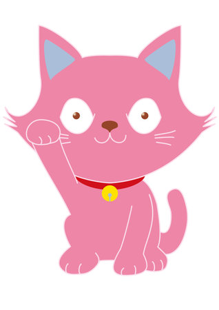 A pink cat with a beckoning cat gestureのイラスト素材