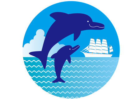 Sailing ship and dolphin parent and childのイラスト素材