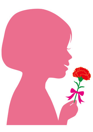 Profile silhouette of a girl holding a carnation as a gift for Mother's Dayのイラスト素材