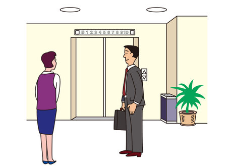 A businessman greeting a person in charge in the elevator hall of a company buildingのイラスト素材