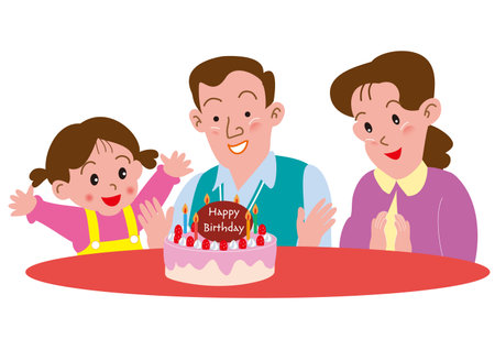 Parent and child celebrating birthday with birthday cakeのイラスト素材