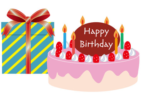 Delicious birthday decoration cake and beautifully wrapped gift boxのイラスト素材