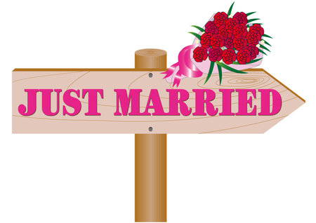A guidepost-shaped sign board with a bouquet of roses announcing the marriage.のイラスト素材