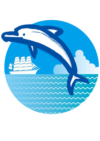 A dolphin jumping across the vast ocean with a sailing ship in the backgroundのイラスト素材