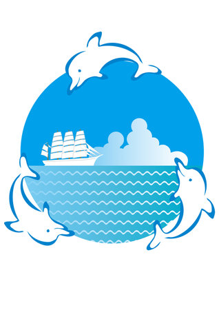 Three jumping dolphins, a yacht and a cumulonimbus cloudのイラスト素材