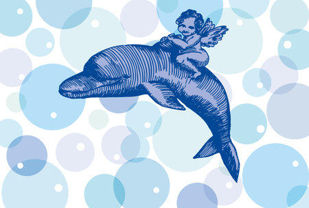 Postcard of an angel riding a dolphin in the waterのイラスト素材