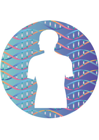 Human upper body silhouette facing sideways and DNA double helix structure patternのイラスト素材