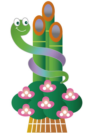 A cute snake wrapped around a New Year's decoration in the Year of the Snakeのイラスト素材