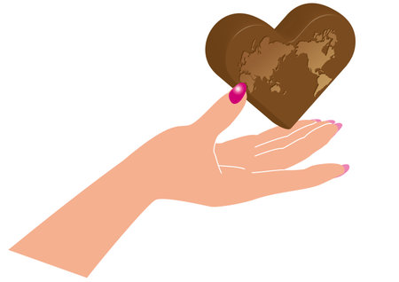 A woman's hand offering a heart-shaped chocolate with a world map on itのイラスト素材
