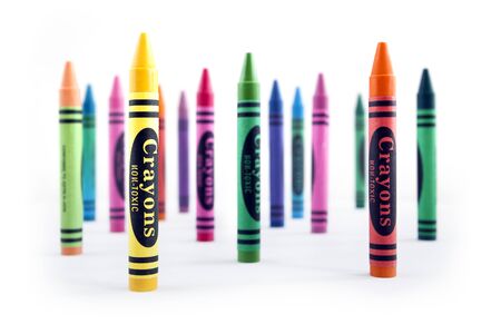 Vertical positioning crayons on white backgroundのeditorial素材